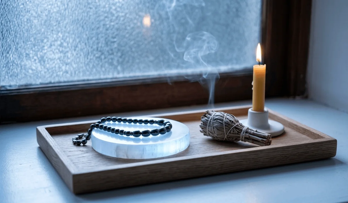 Hematite jewelry being cleansed on a selenite slab with sage to maintain its spiritual healing properties.