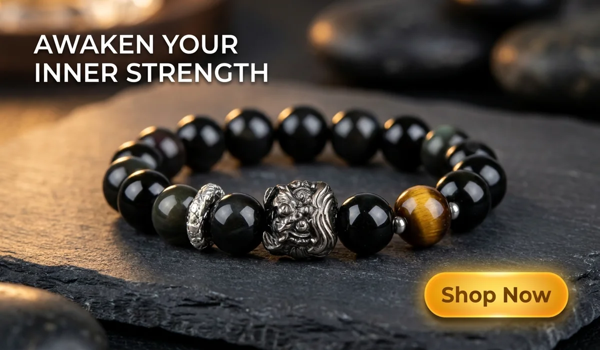 Luxury Black Obsidian and Tiger's Eye Lion Bracelet for Courage and Protection - Shop Now