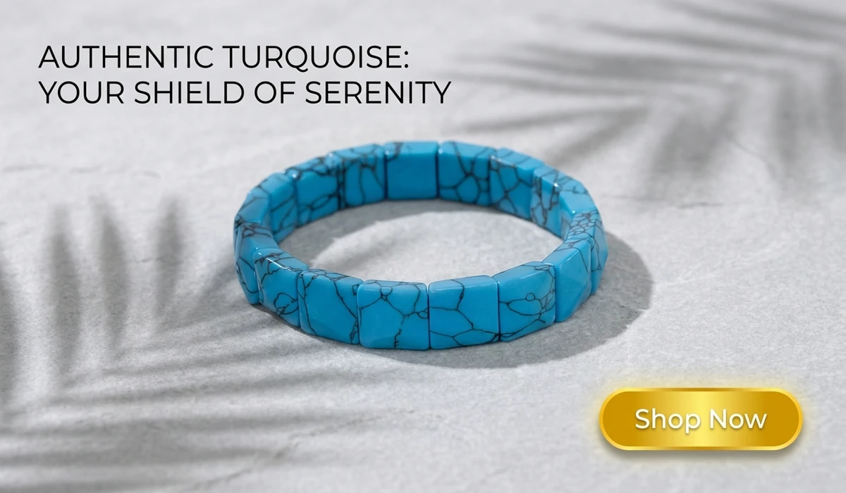 Turquoise Flat Beaded Bracelet - The Stone of Protection, high-end bohemian style jewelry with Shop Now button for blog content