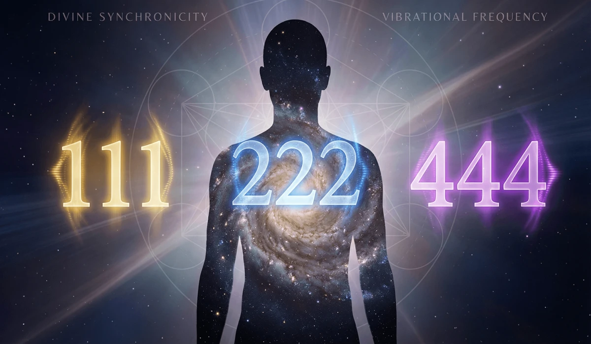 Glowing angel numbers 111, 222, and 444 illustrating spiritual vibration and divine synchronicity.