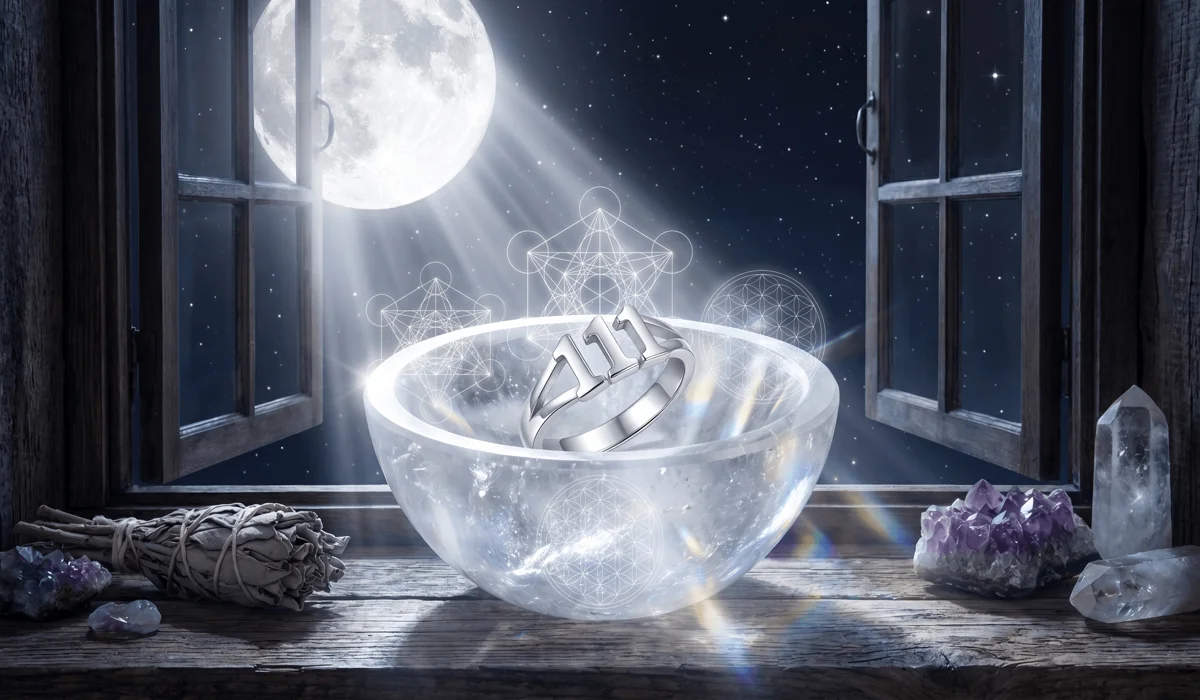 Angel number jewelry being recharged under full moonlight to maintain its spiritual potency.