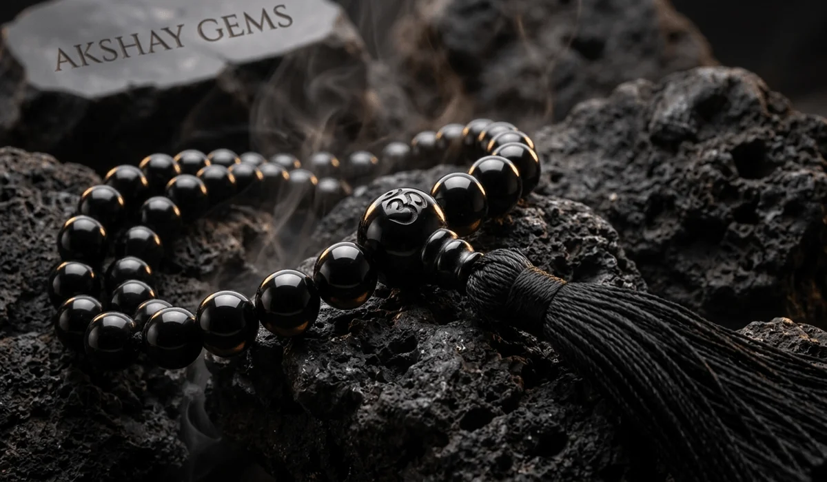 Macro shot of polished 108-bead black obsidian mala beads with a silk tassel, highlighting the volcanic glass texture and luster.