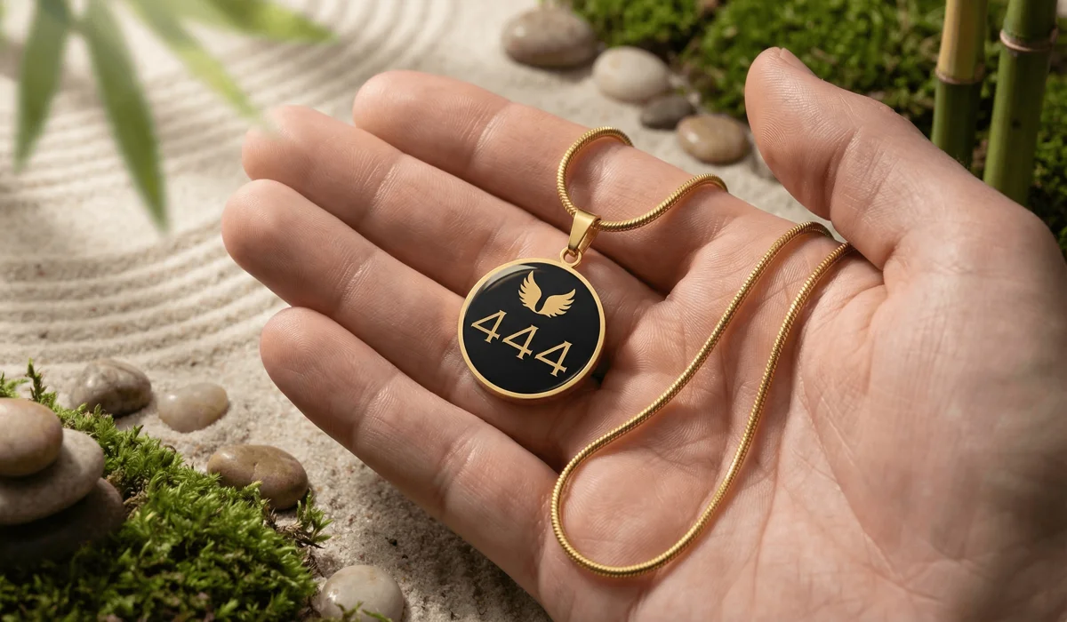 A 444 angel number gold pendant being held, symbolizing a physical spiritual anchor and protection talisman.