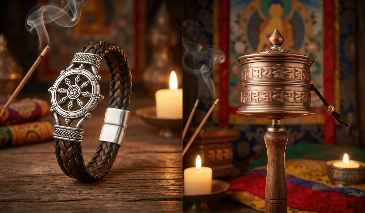 Comparison of a static Dharma Wheel charm and a rotating Tibetan prayer wheel to show different Buddhist symbols.