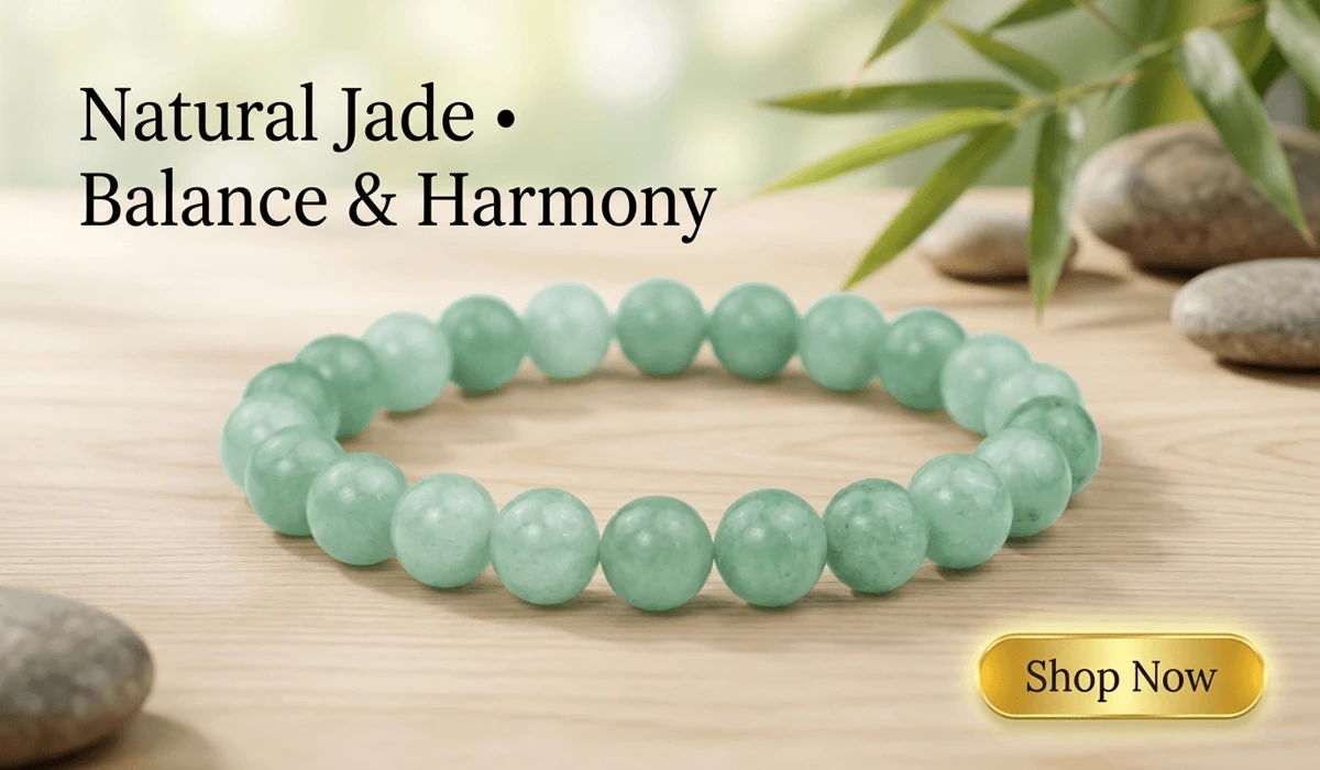 Natural green jade beaded bracelet for spiritual protection and inner harmony with a Shop Now button in a serene Zen setting