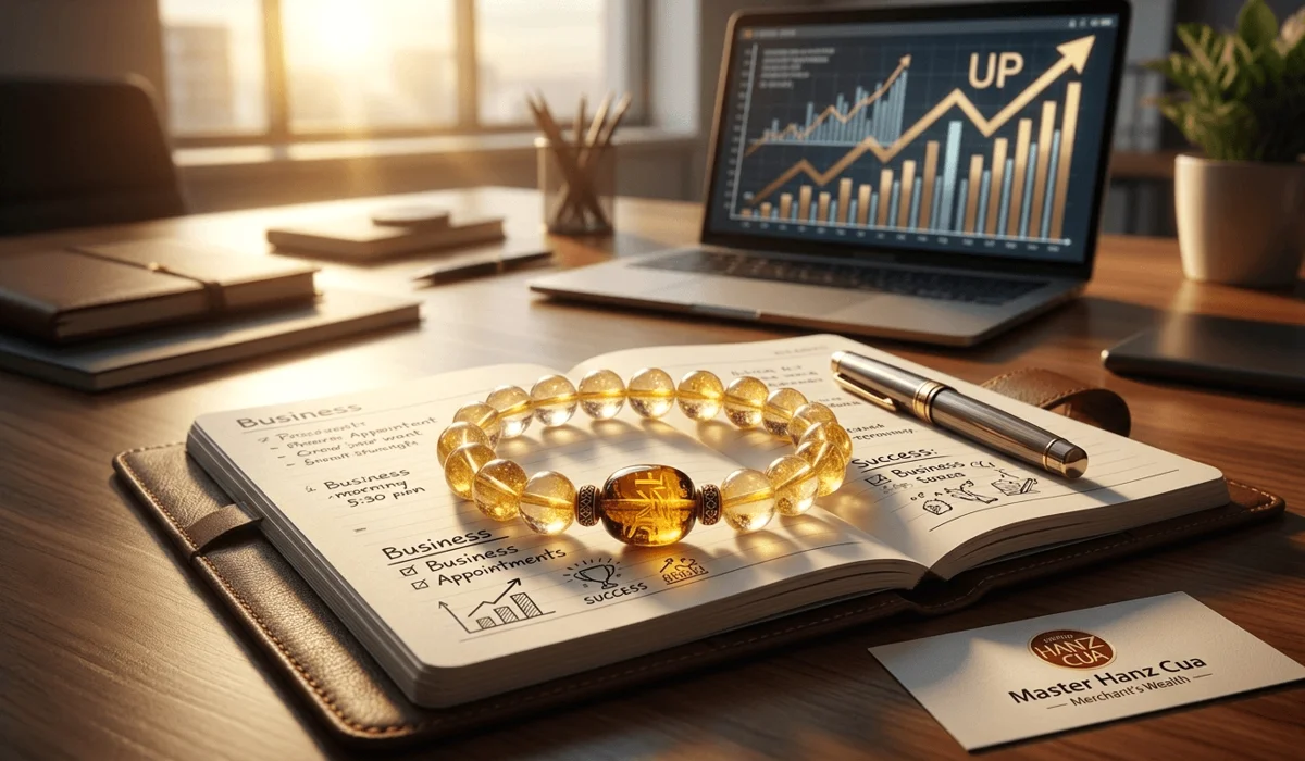 A Citrine success bracelet on a business desk symbolizing financial abundance and professional growth.