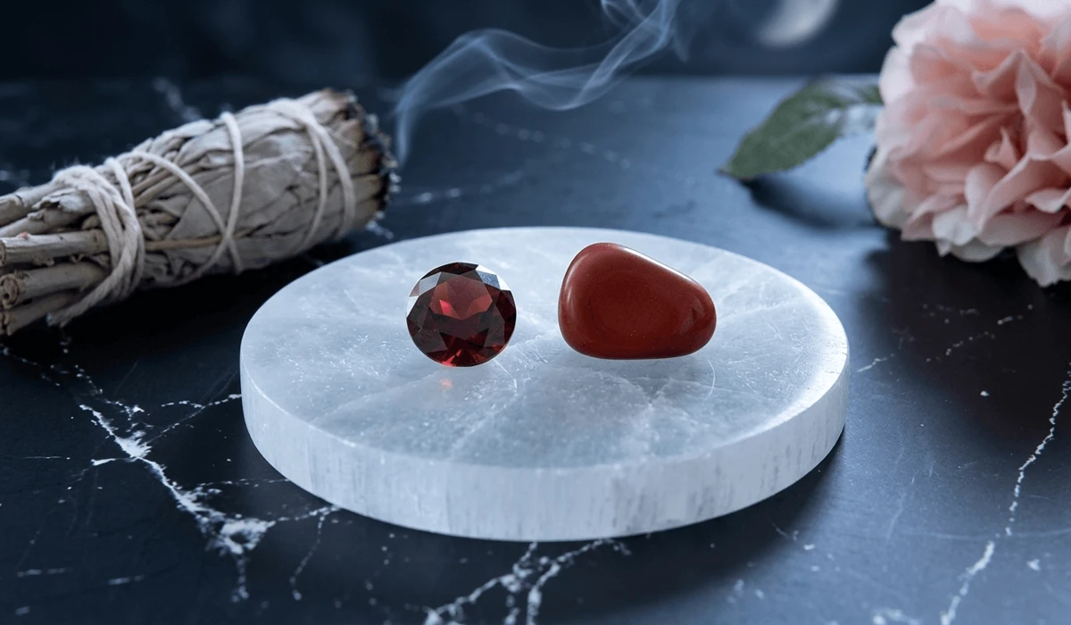 Red garnet and red jasper crystals on a selenite plate for cleansing and charging rituals.