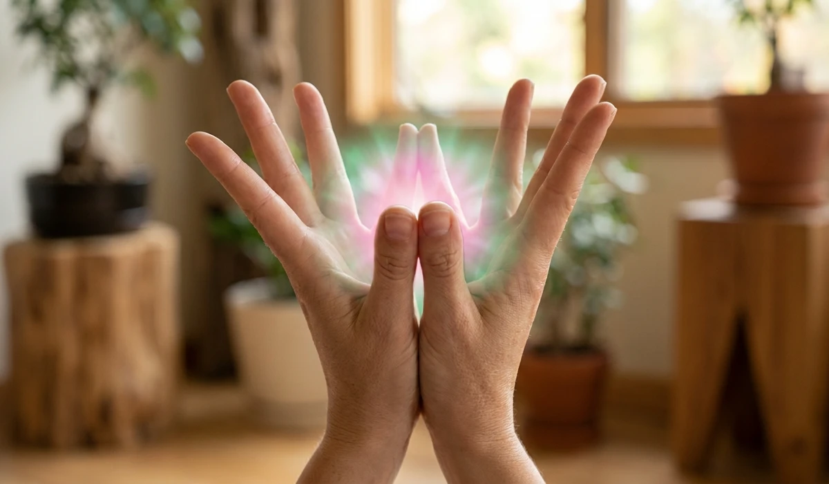 Close-up demonstration of the Lotus Mudra hand gesture showing correct finger placement and Heart Chakra energy.