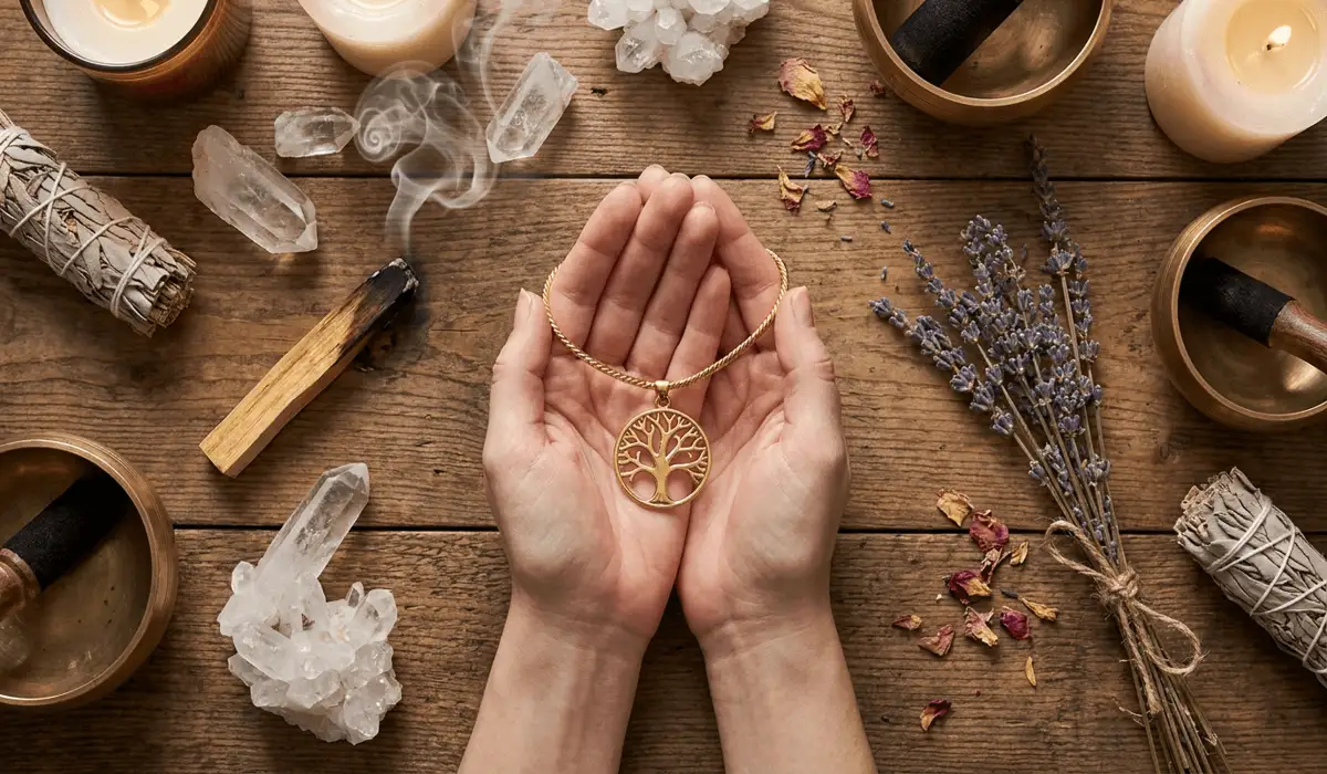 Mindful intention-setting ritual featuring a gold Tree of Life anklet, burning palo santo smoke, and natural crystals