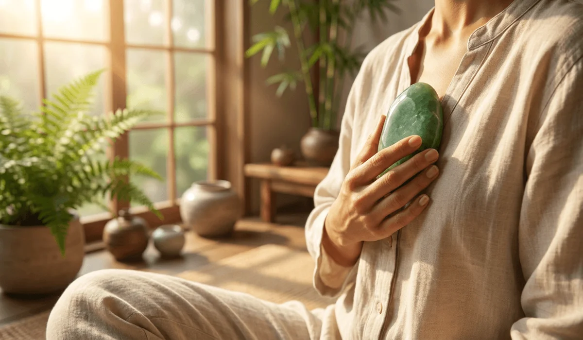 Person holding a smooth real green jade stone against a soft background, representing heart chakra alignment and spiritual harmony.
