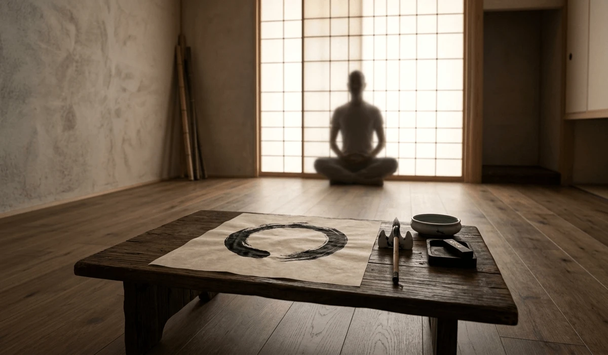 A finished Enso circle in a peaceful Zen meditation room with a practitioner sitting in the background.