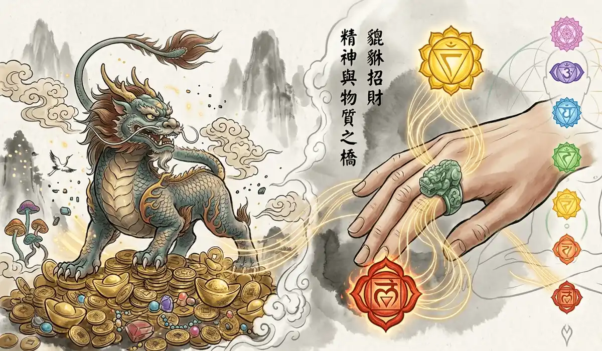 Illustration showing the spiritual connection between the mythical Pixiu creature and the wearer's energy chakras for wealth manifestation.