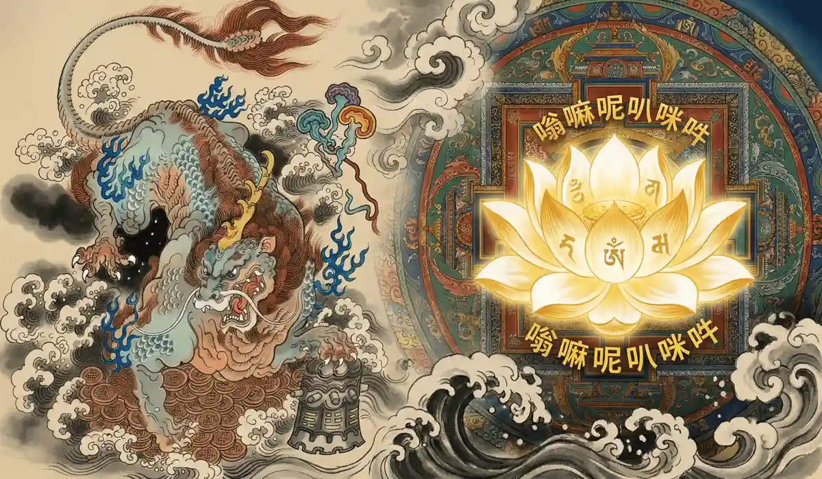Conceptual illustration of the Pixiu Money Beast and the Buddhist Lotus representing wealth and karma purification.