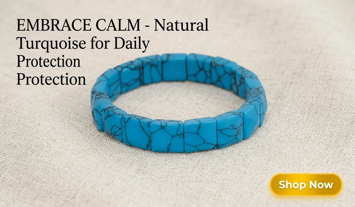 Turquoise Flat Beaded Bracelet - The Stone of Protection lifestyle blog illustration with Shop Now button and healing energy description