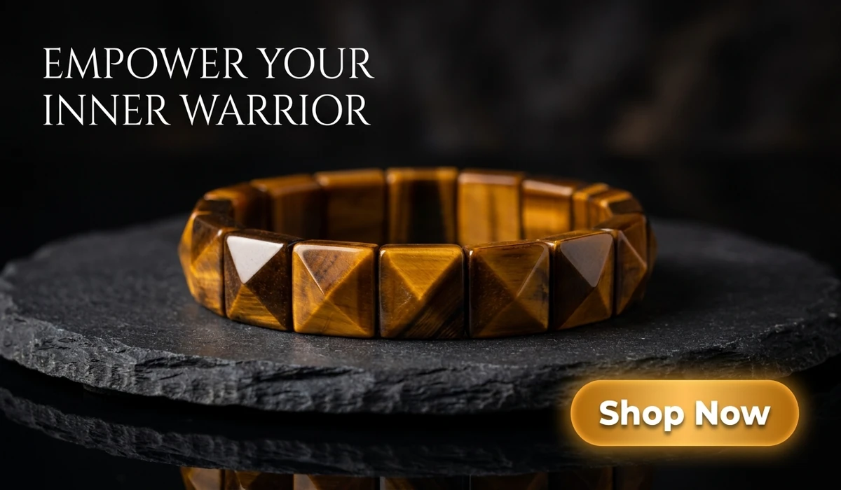 Tiger's Eye Flat Beaded Bracelet - The Warrior's Stone high-end jewelry for men and women, featuring natural brown and gold gemstone beads on a dark stone background with a Shop Now button.