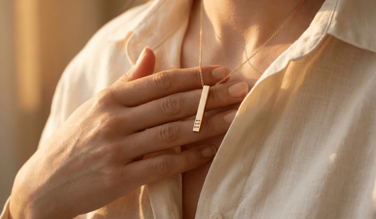A close-up of a gold 111 angel number necklace representing new beginnings and self-love manifestations.