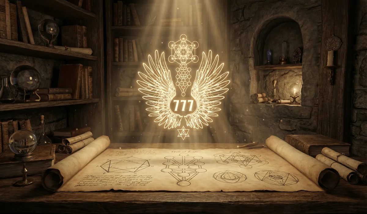 Ancient mystical symbols and sacred geometry representing the divine origin and Pythagorean perfection of angel number 777.