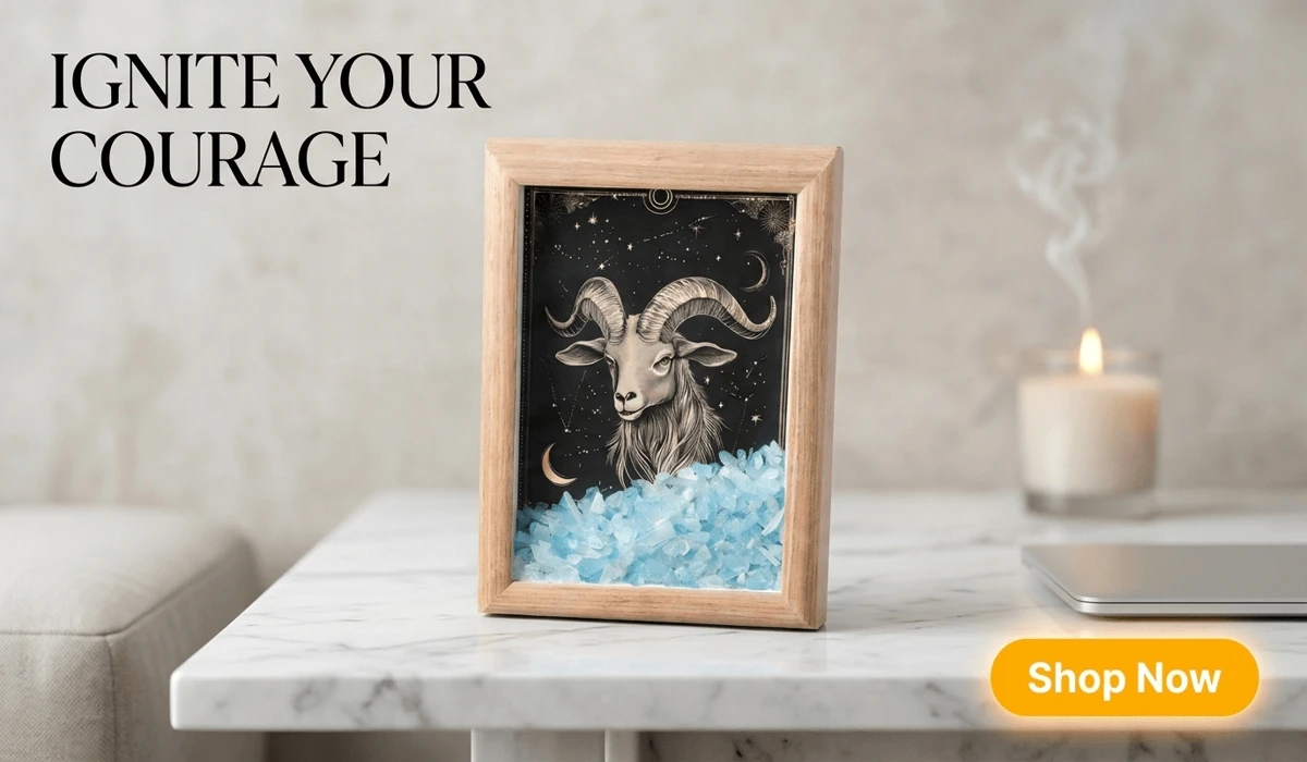Aries Zodiac Crystal Shadow Box Art featuring a goat illustration and light blue healing crystals, perfect for home decor to inspire courage and clarity.