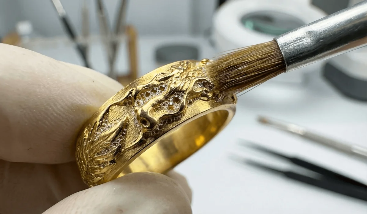 Macro shot of a soft brush cleaning the intricate scales and details of a gold dragon ring with mild soap.