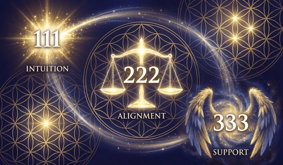 Visual representation of the spiritual meanings of angel numbers 111, 222, and 333 showing intuition, balance, and divine protection.