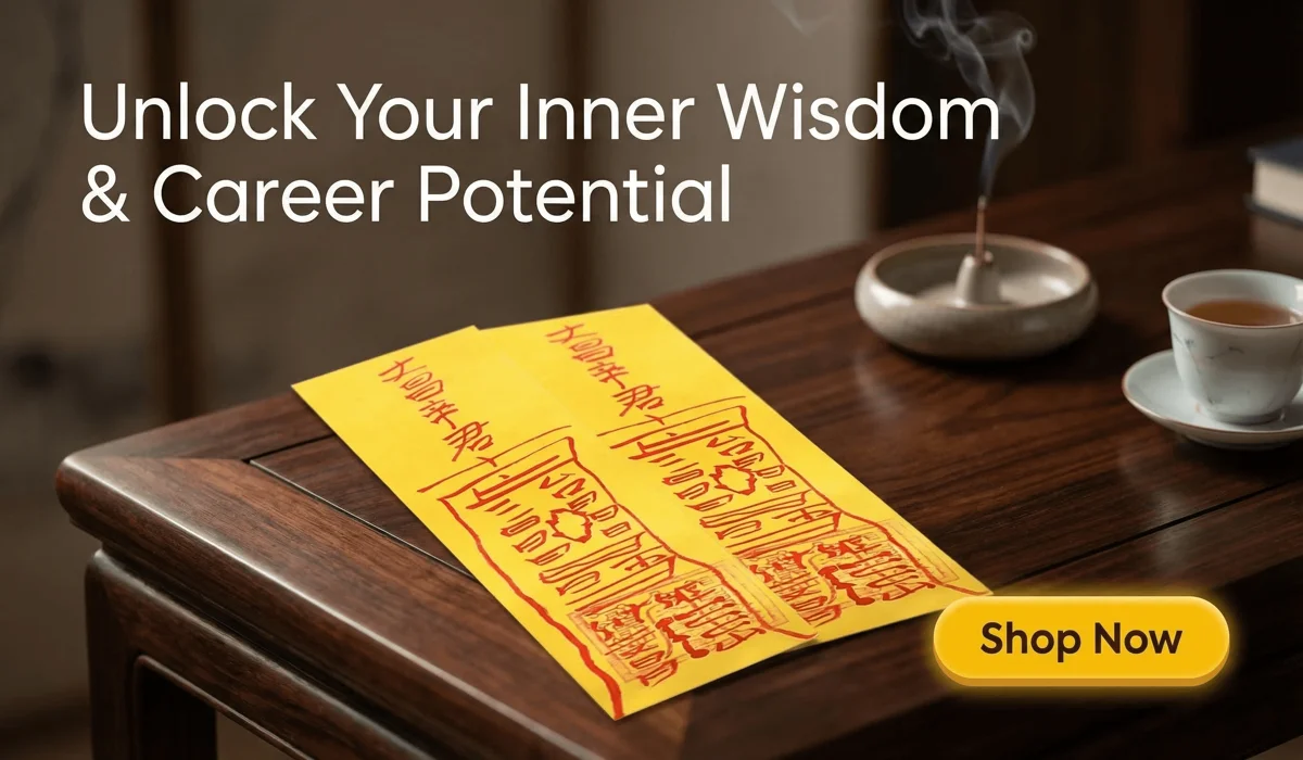 Wisdom & Advancement Talisman - Personalised Energy Fulu Charms for career success and mental clarity displayed on a premium wooden desk