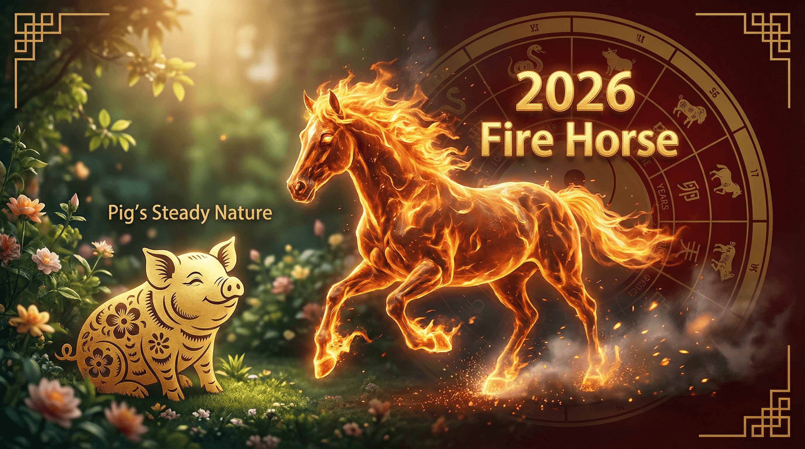 A noble Fire Horse made of flames gallops forward while a serene Pig sits calmly in a lush green garden during the lunar calendar transition.