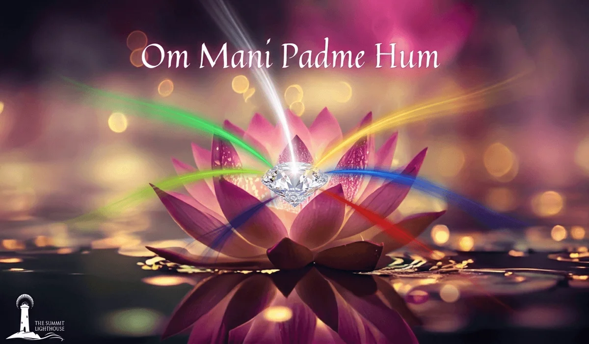 A blooming lotus flower holding a radiant jewel with six colored light rays representing the six syllables of Om Mani Padme Hum.