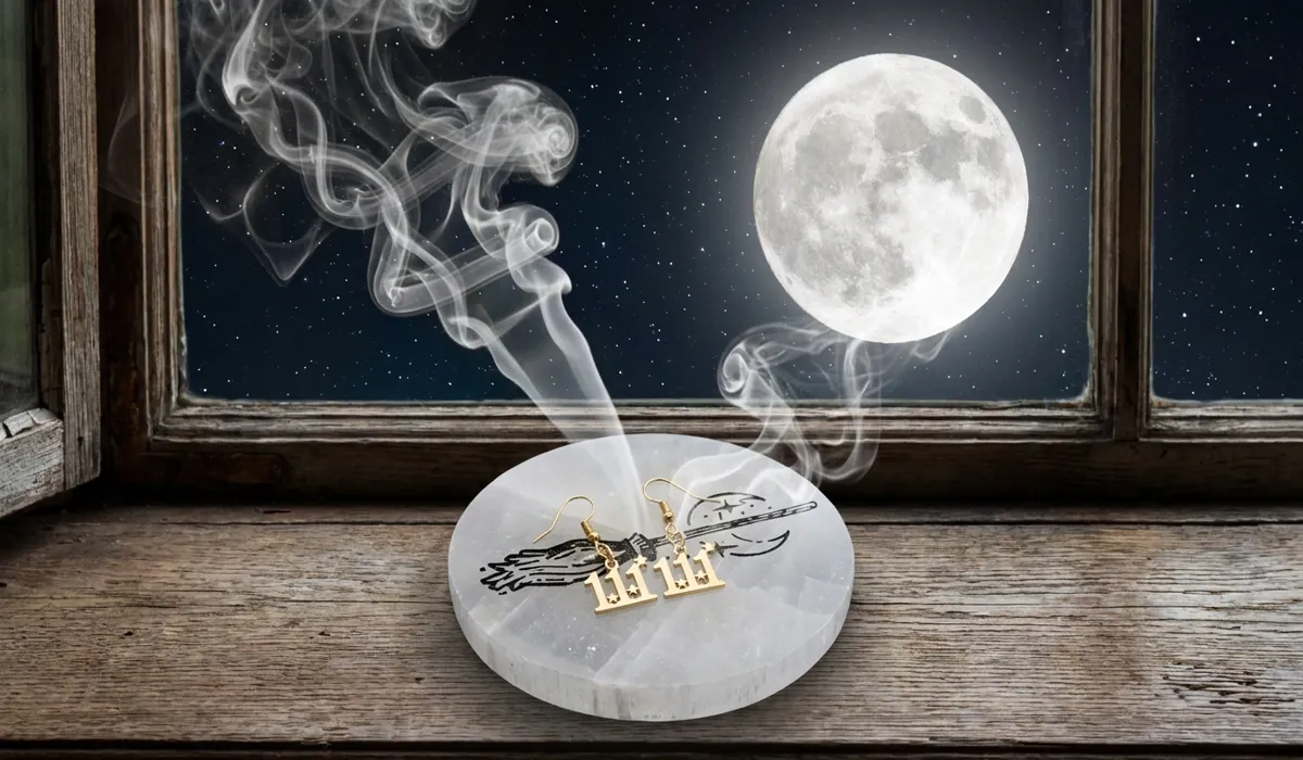 Angel number earrings being cleansed by moonlight and a selenite charging plate to maintain their vibrational energy.