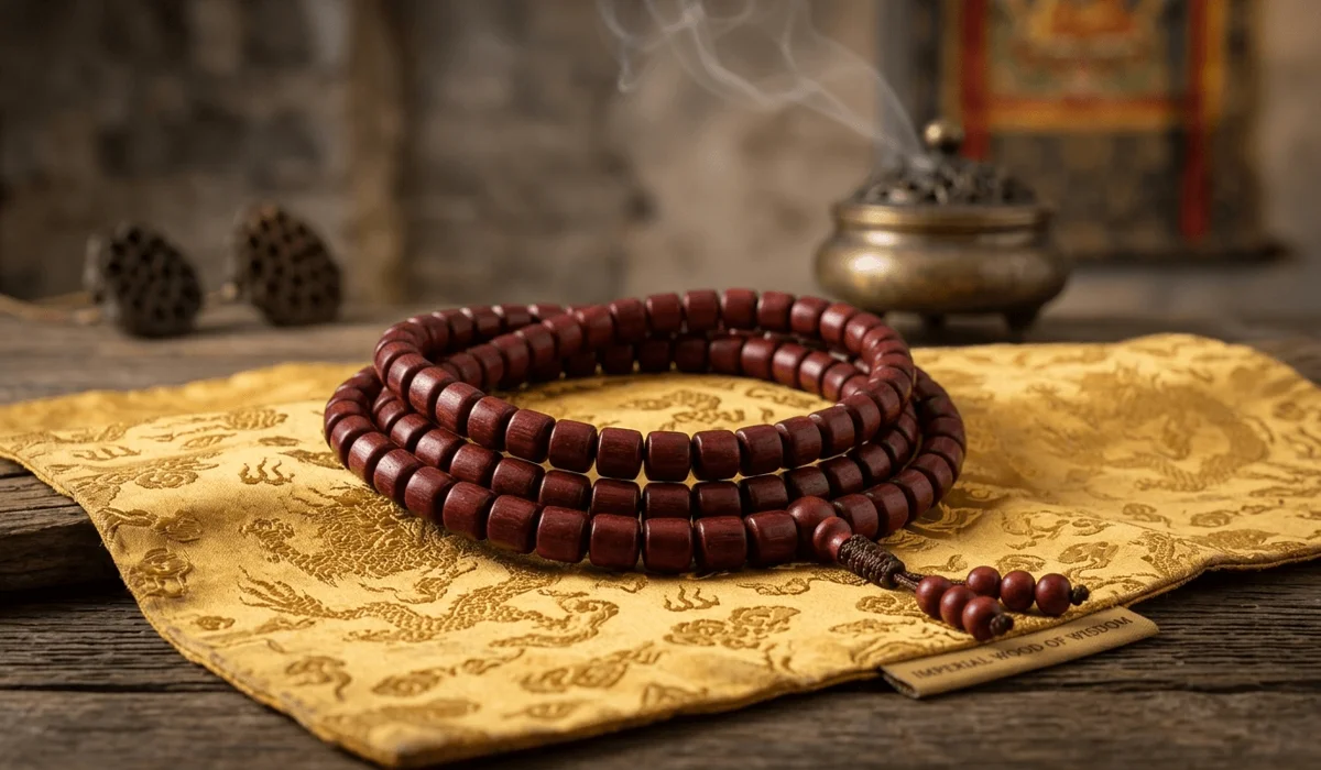 Sacred 108-bead Small Leaf Red Sandalwood mala for spiritual meditation and wisdom.