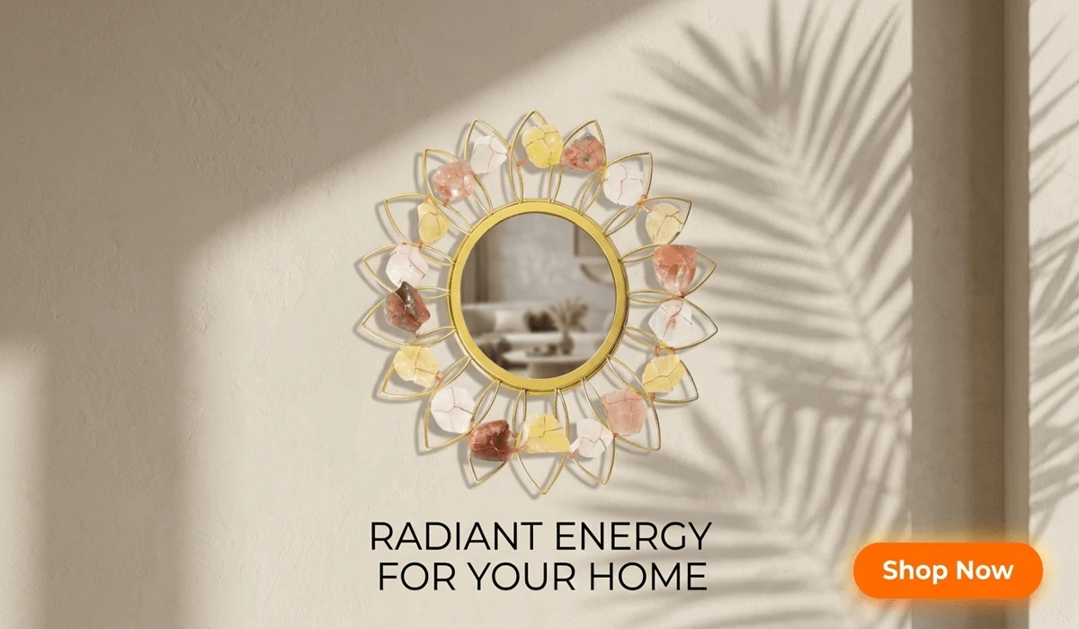 Sun-shaped wall mirror featuring natural citrine and agate crystals, boho-chic gold home decor for radiant interior energy