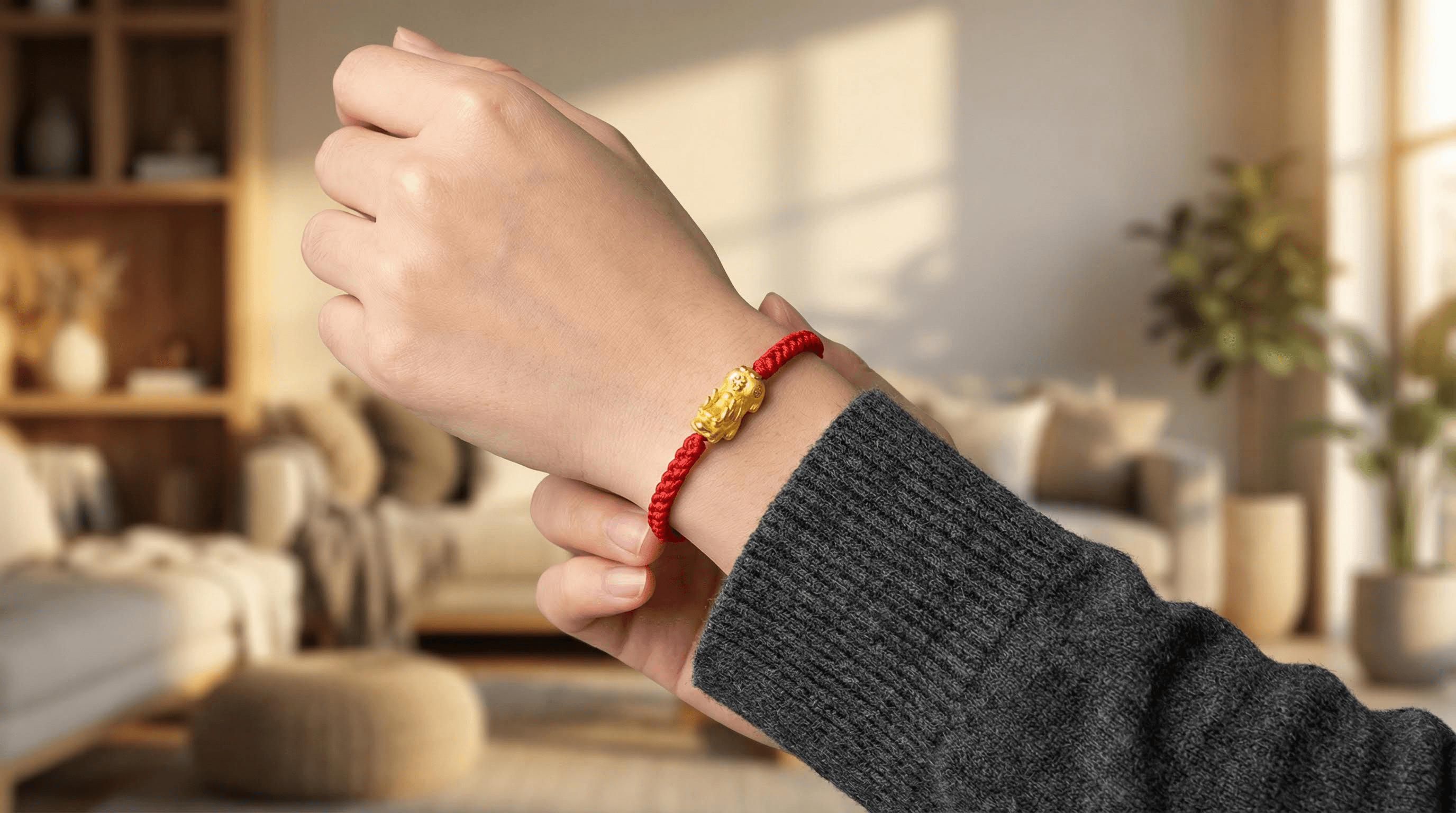 Proper placement of a Tai Sui protection amulet on the left wrist to receive positive Qi in 2026.