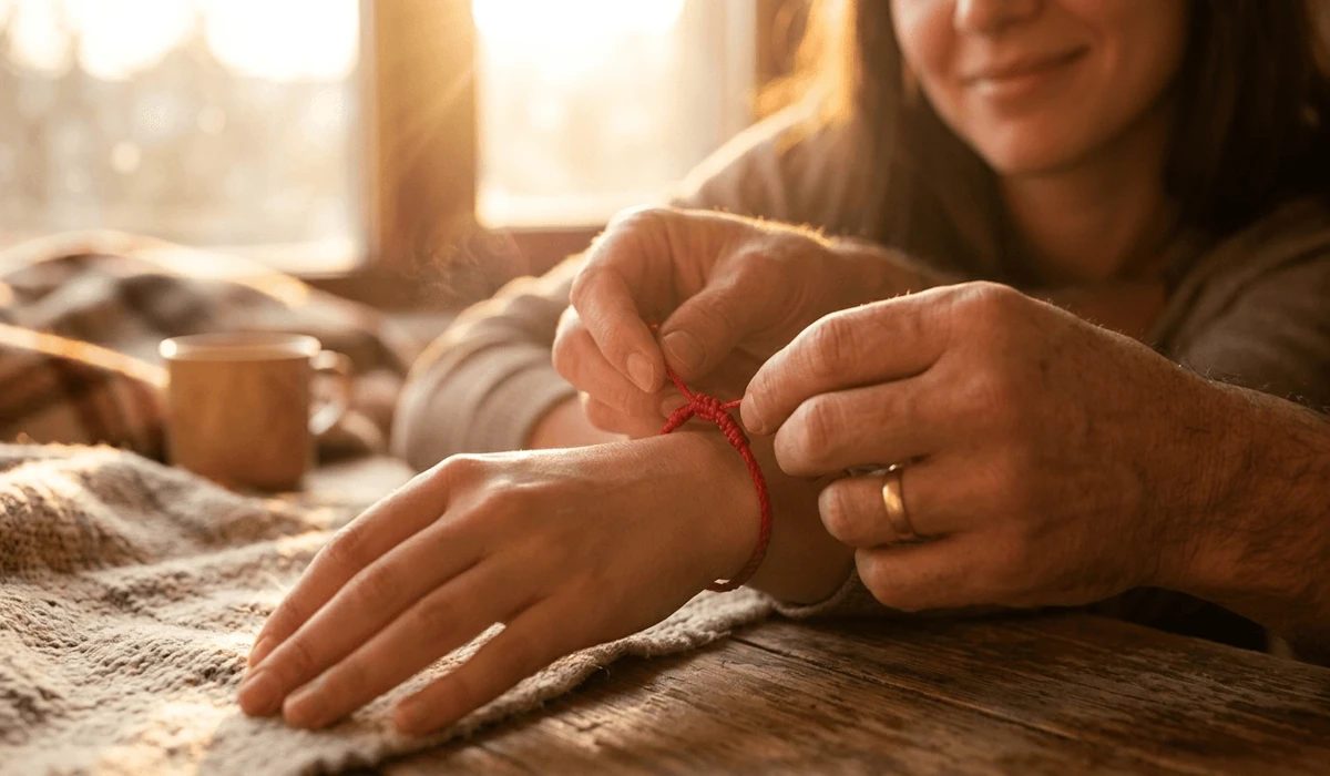 Close-up of a person tying seven knots on a red string bracelet onto a loved one's left wrist as a protective ritual.