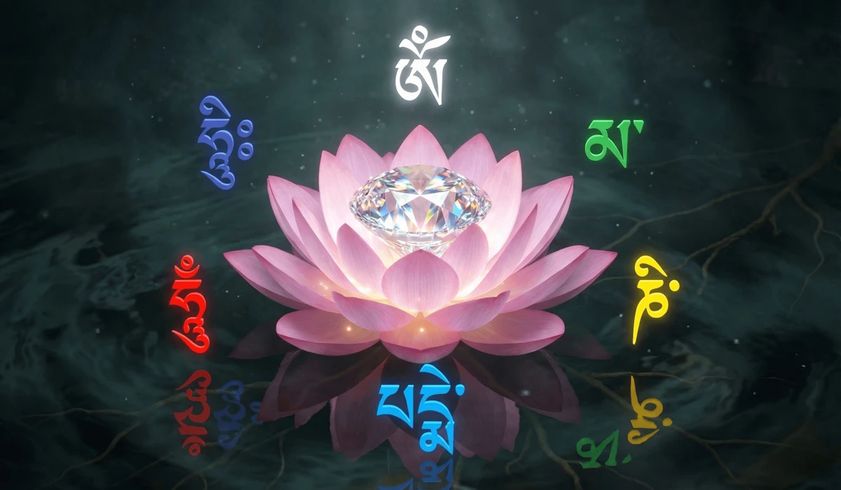 A symbolic 'Jewel in the Lotus' with colored Tibetan syllables representing the transformation of the six realms.