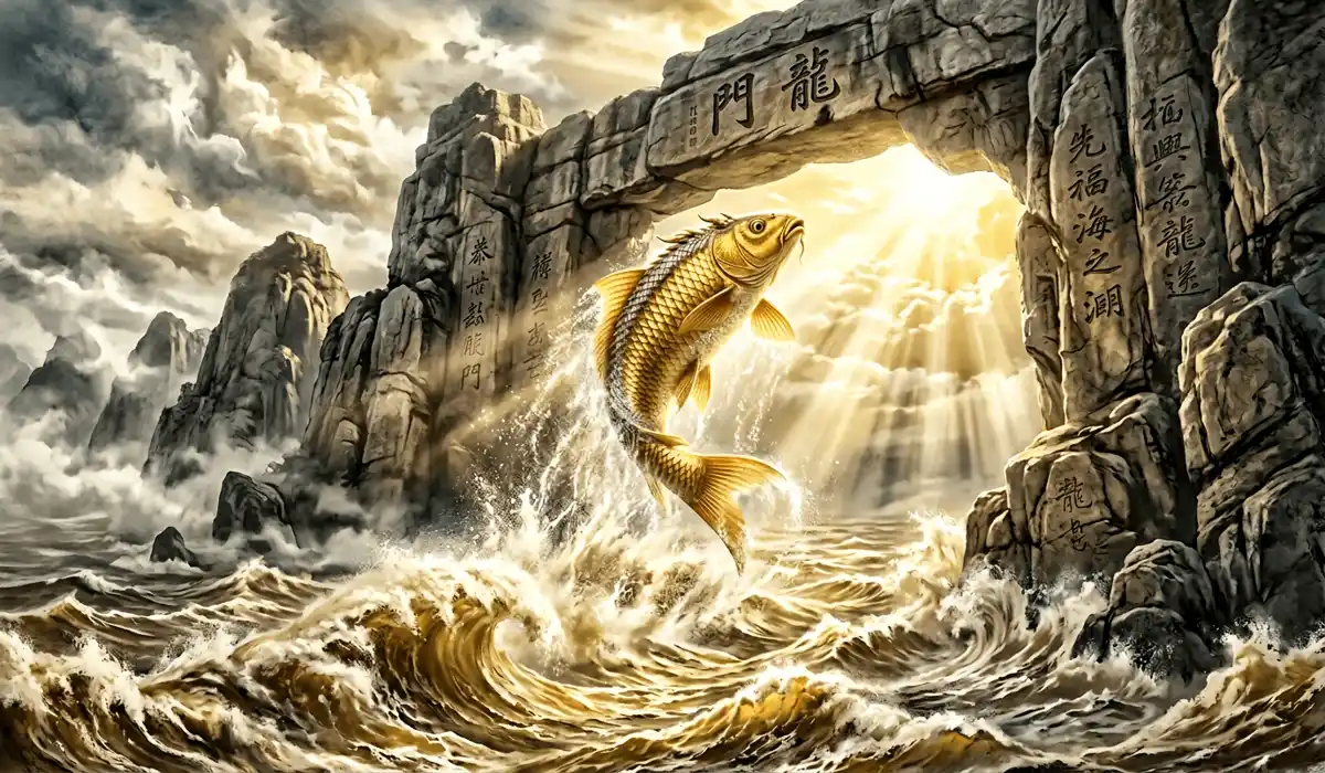 A golden Koi fish leaping through the mythical Dragon Gate, symbolizing spiritual transformation and the transition from mundane life to enlightenment.