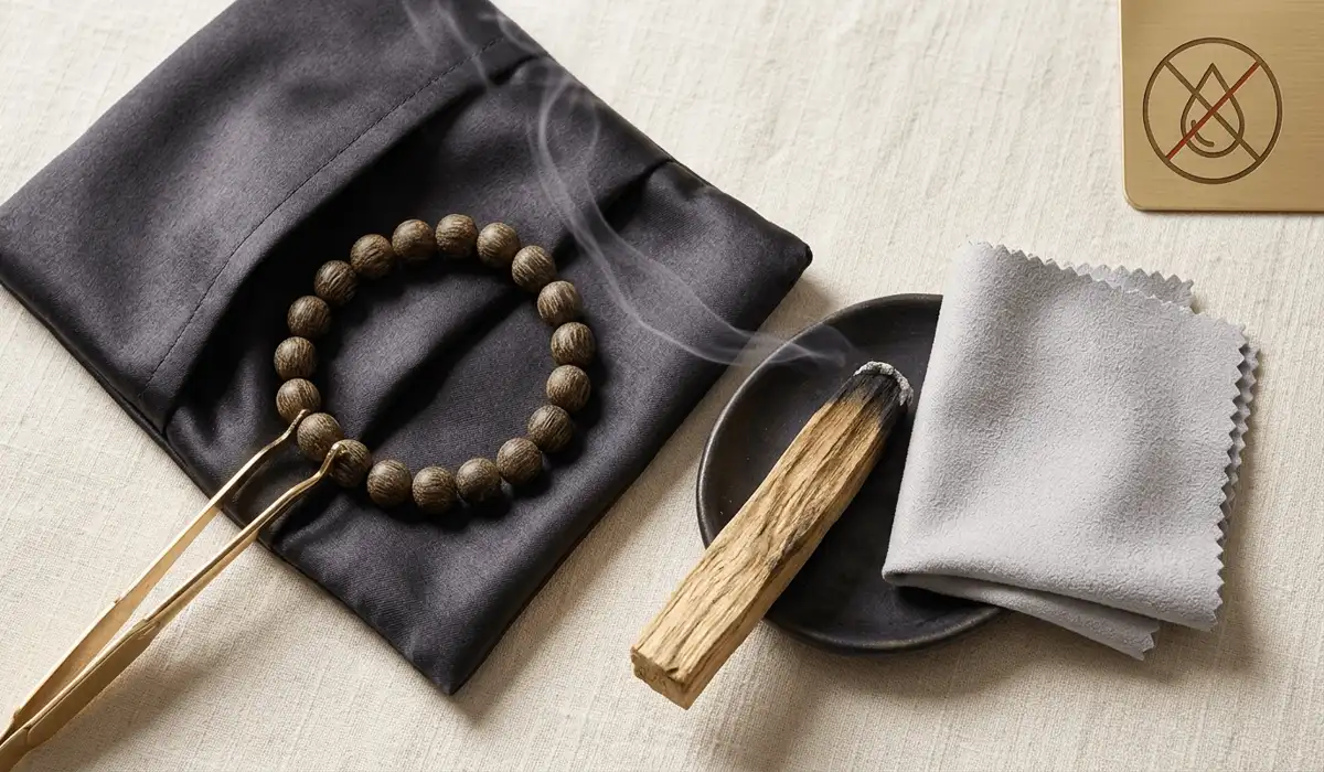 Proper dry care routine for Agarwood bracelets including smudging with Palo Santo and storage in a silk pouch to prevent water damage.