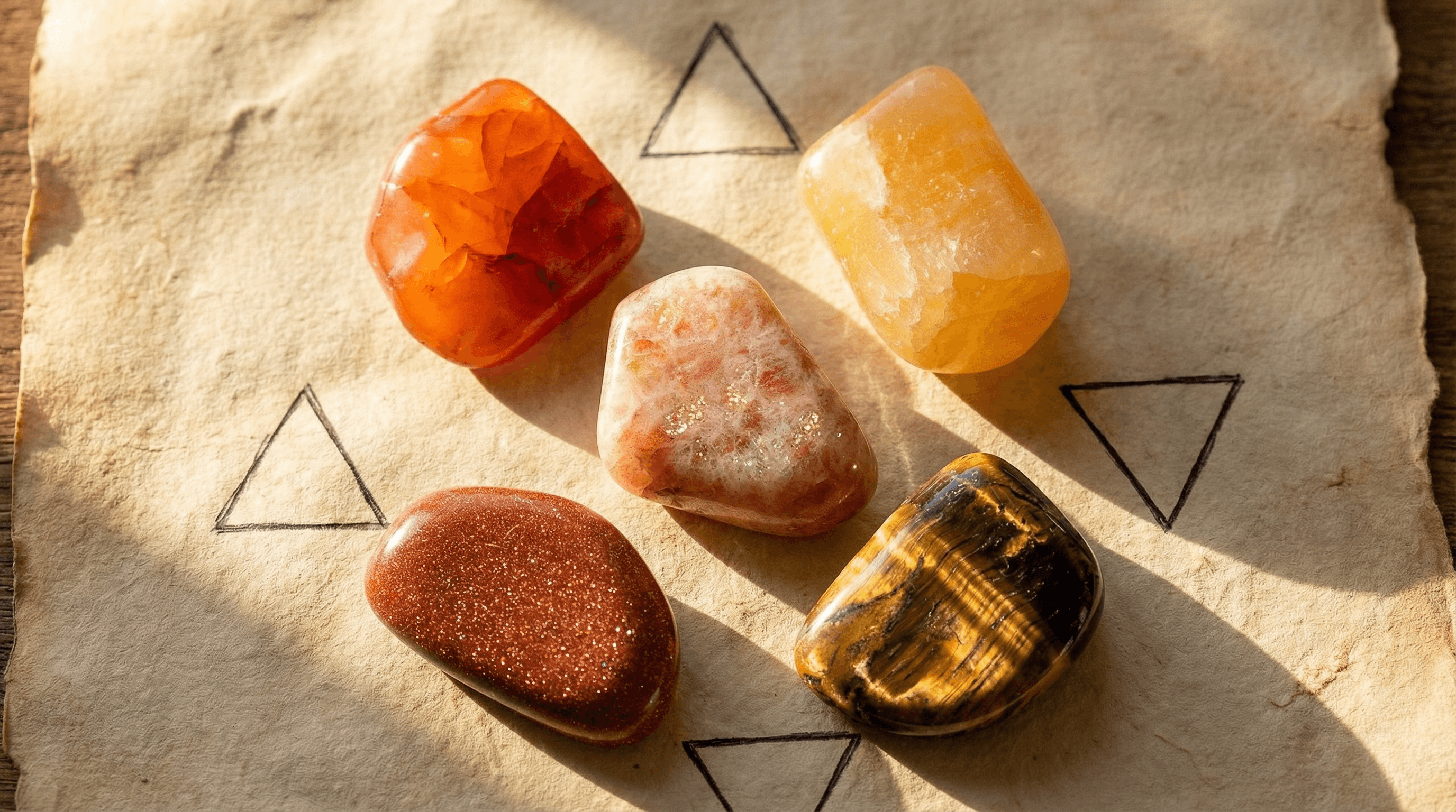 A collection of Sacral Chakra healing crystals including Carnelian, Orange Calcite, and Sunstone for spiritual vitality.