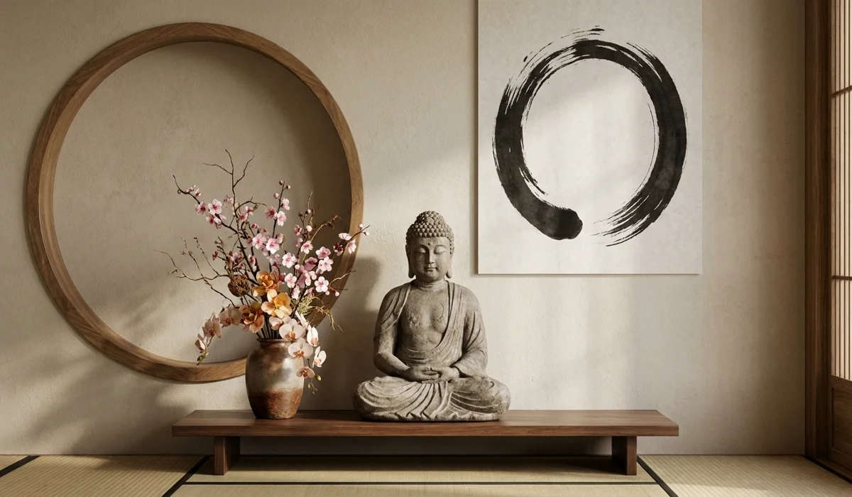 A modern Zen meditation space featuring a Buddha statue, silk flowers, and an Enso circle for spiritual grounding.