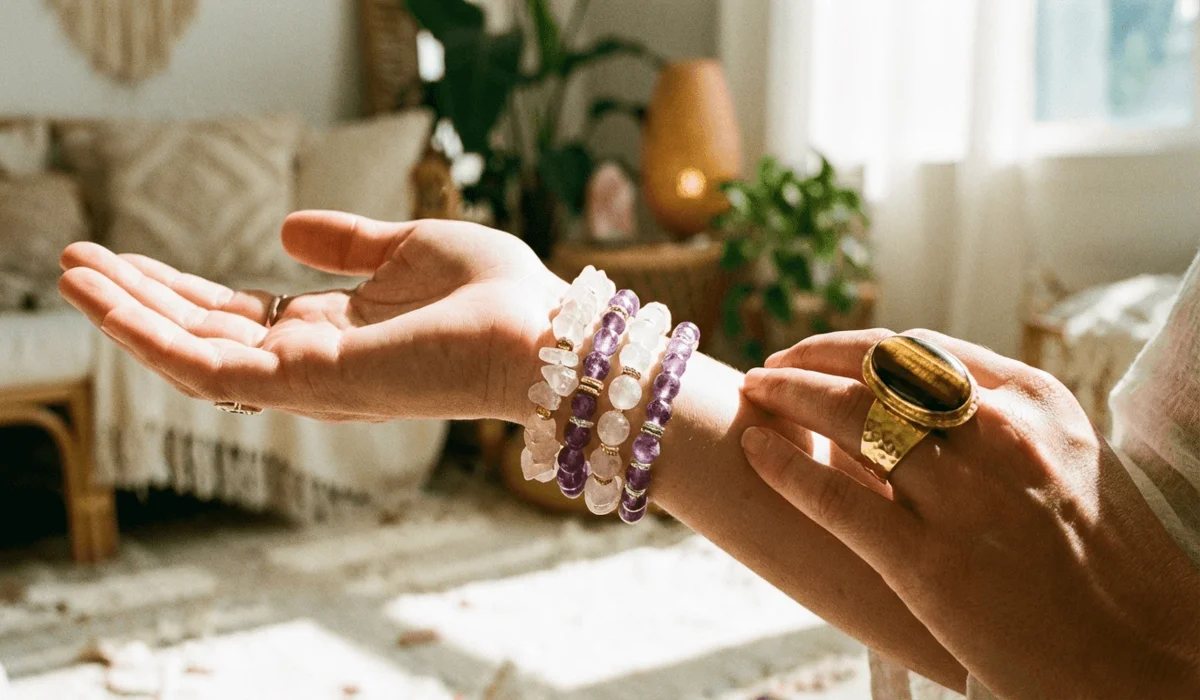 Close-up of a person wearing zodiac gemstone jewelry on both hands to balance receiving and manifesting celestial energy.