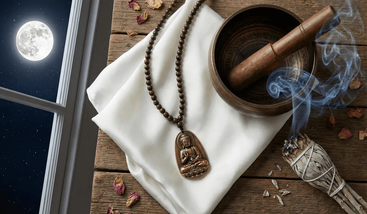 Cleansing and charging a Buddha necklace using sage smudging and lunar bathing methods.