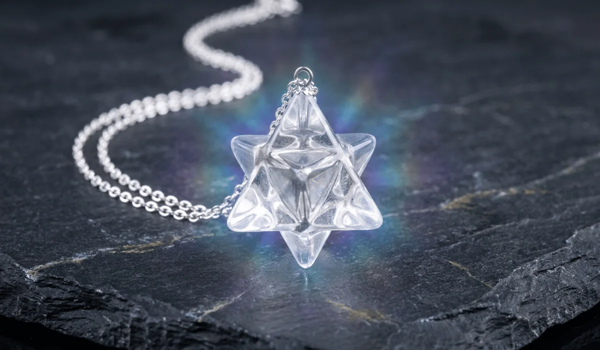 A luxury clear quartz crystal Merkaba pendant displaying geometric facets and protective aura radiance.