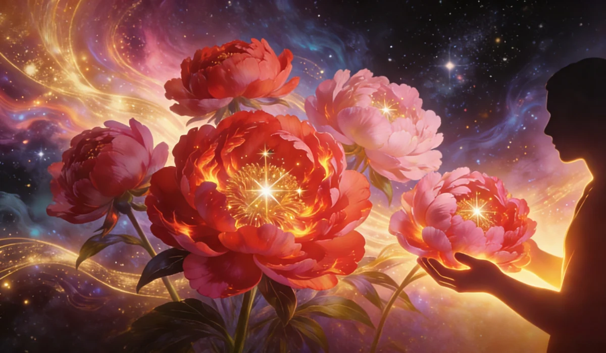 Silhouette of a person holding a glowing peony against a dreamy cosmic galaxy backdrop.