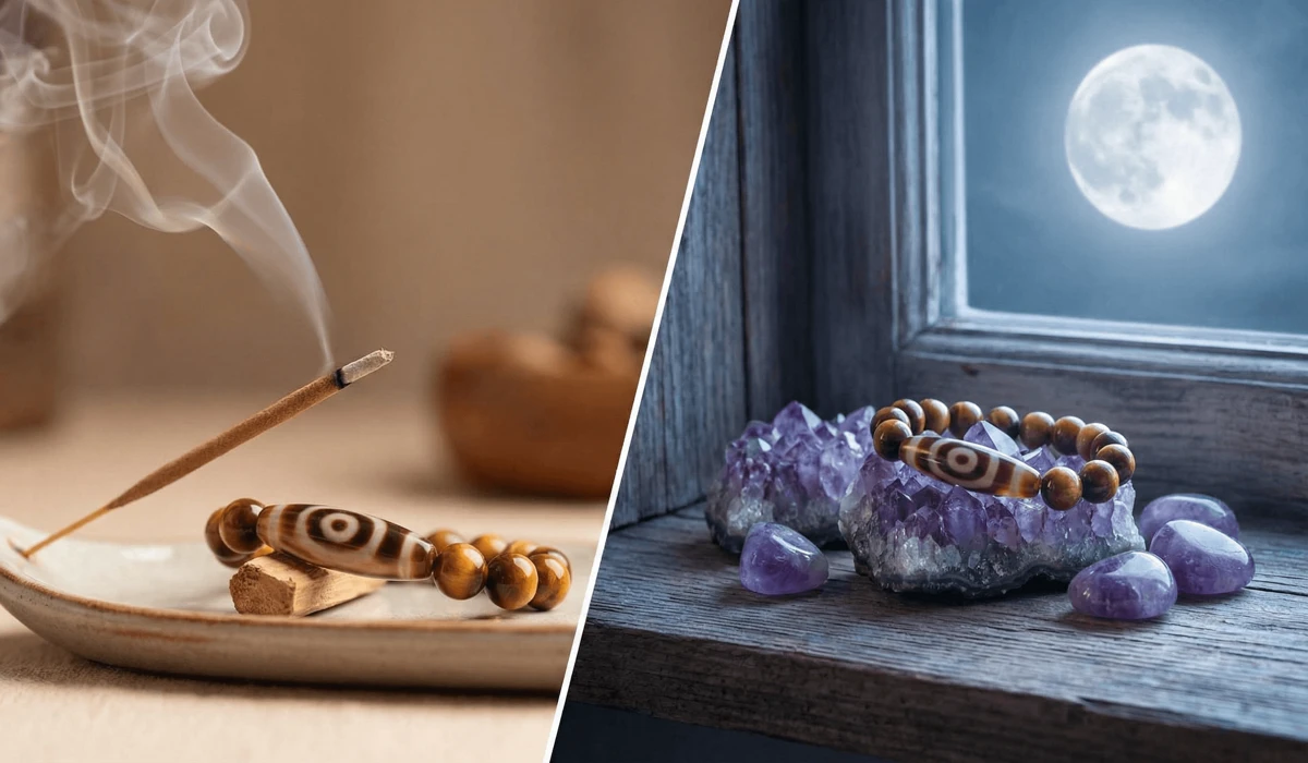 Cleansing and charging a 9-eye Dzi bead with incense smoke and moonlight for energy maintenance.