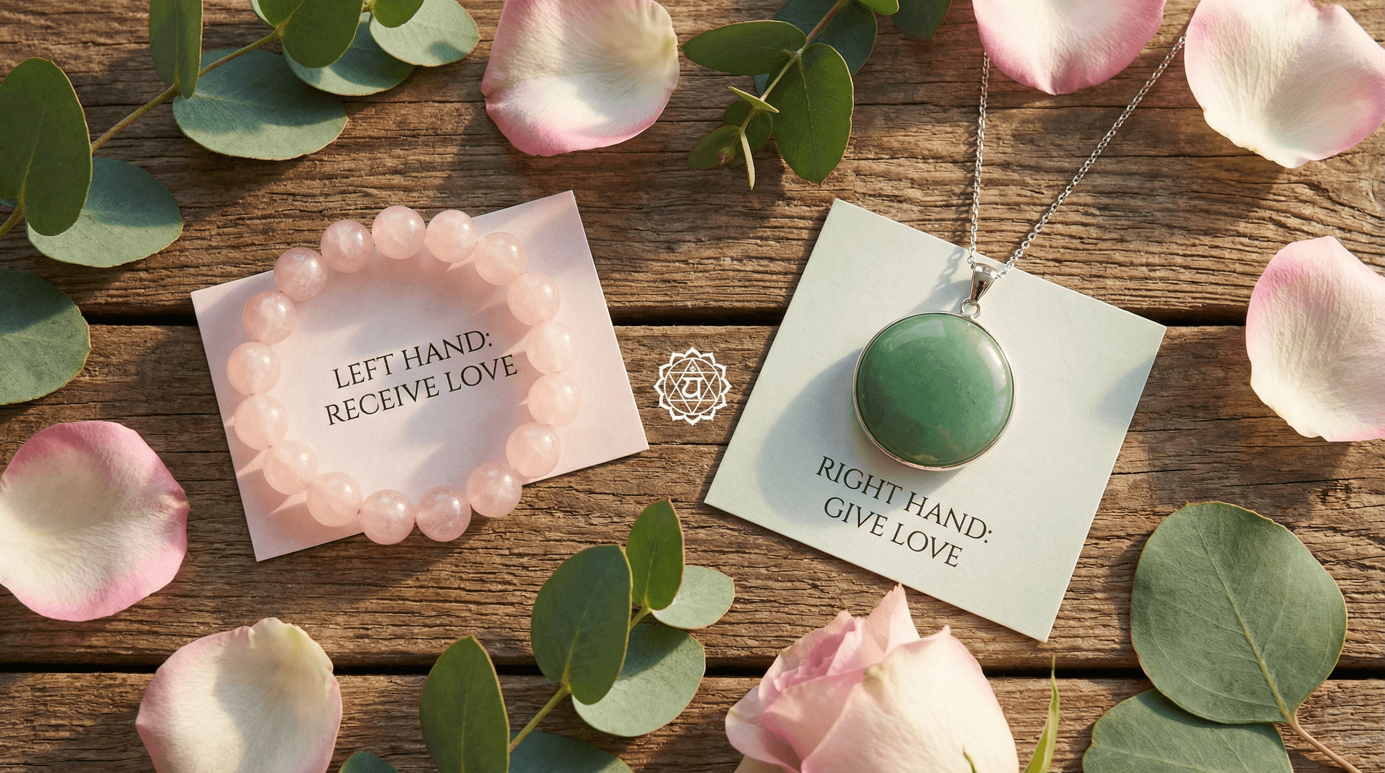 Rose Quartz bracelet and Green Aventurine necklace arranged to demonstrate how to wear heart chakra stones for energy alignment.