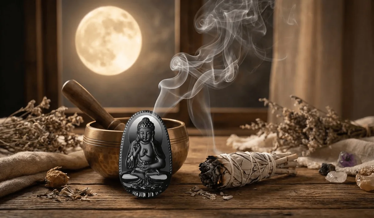 A black obsidian Buddha necklace being cleansed with sage smoke and moonlight to refresh its protective energy.