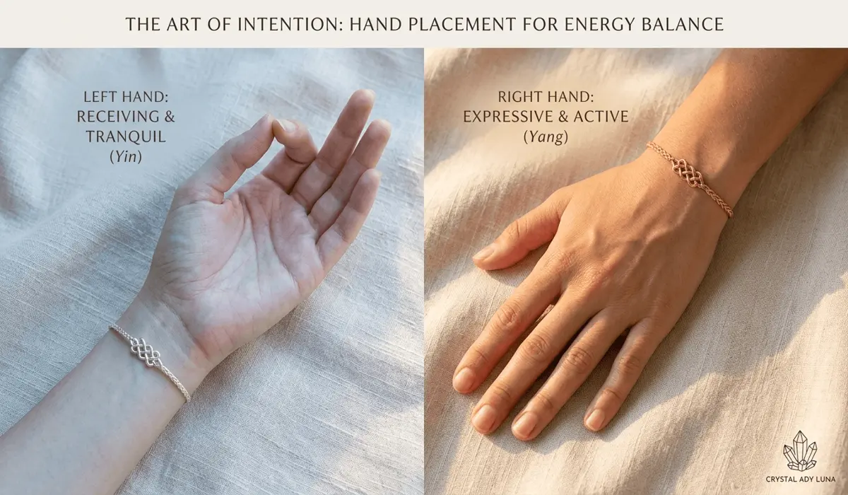 Comparison of wearing an endless knot bracelet on the receptive left hand versus the expressive right hand