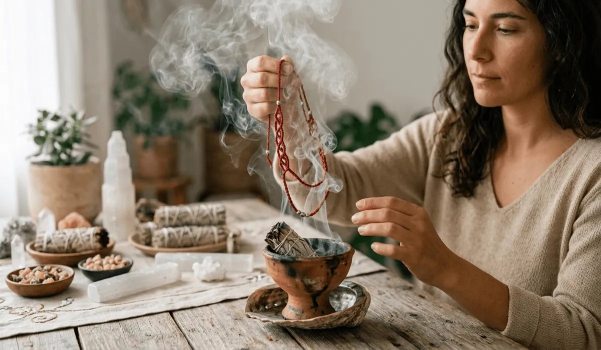 A ritual scene showing how to cleanse a red string belly chain using sage smoke and crystals to clear negative energy.