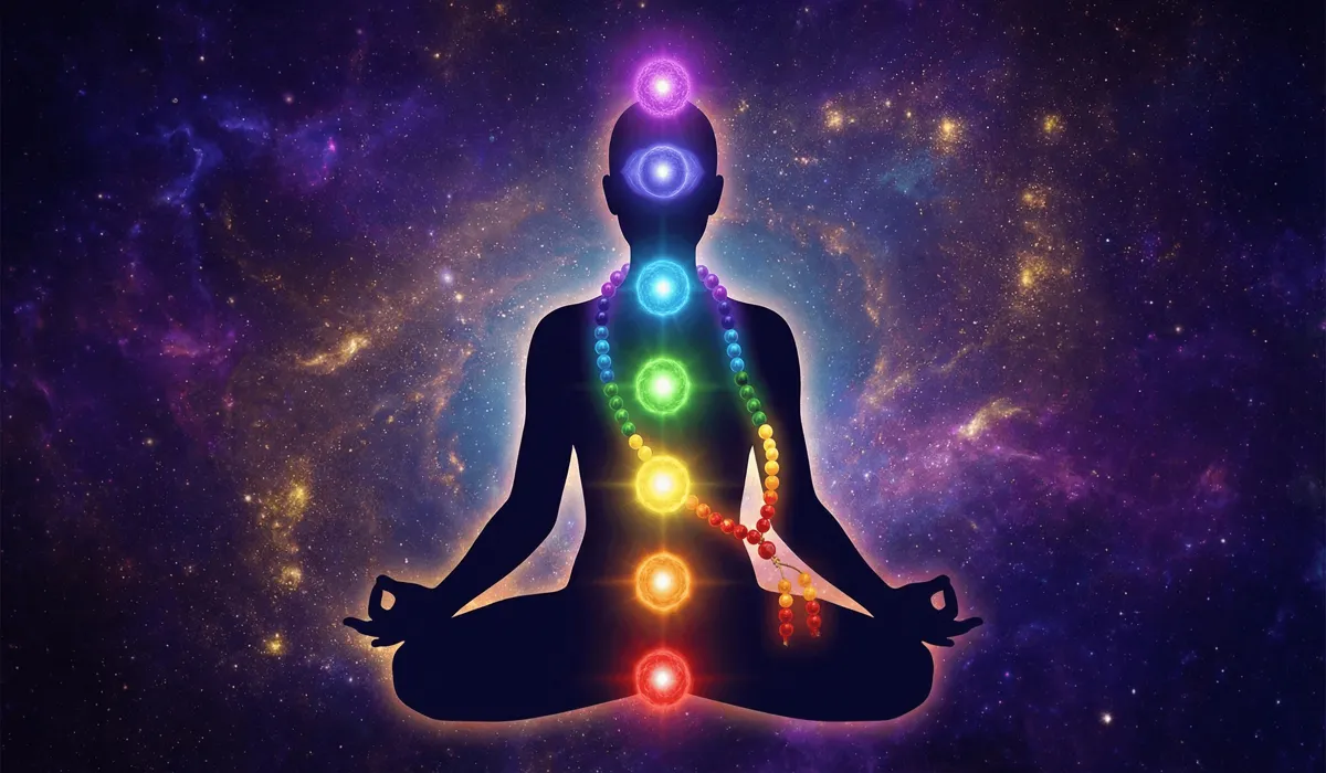 Conceptual illustration of the 7 chakra energy centers and vibrational energy balancing with a mala necklace.