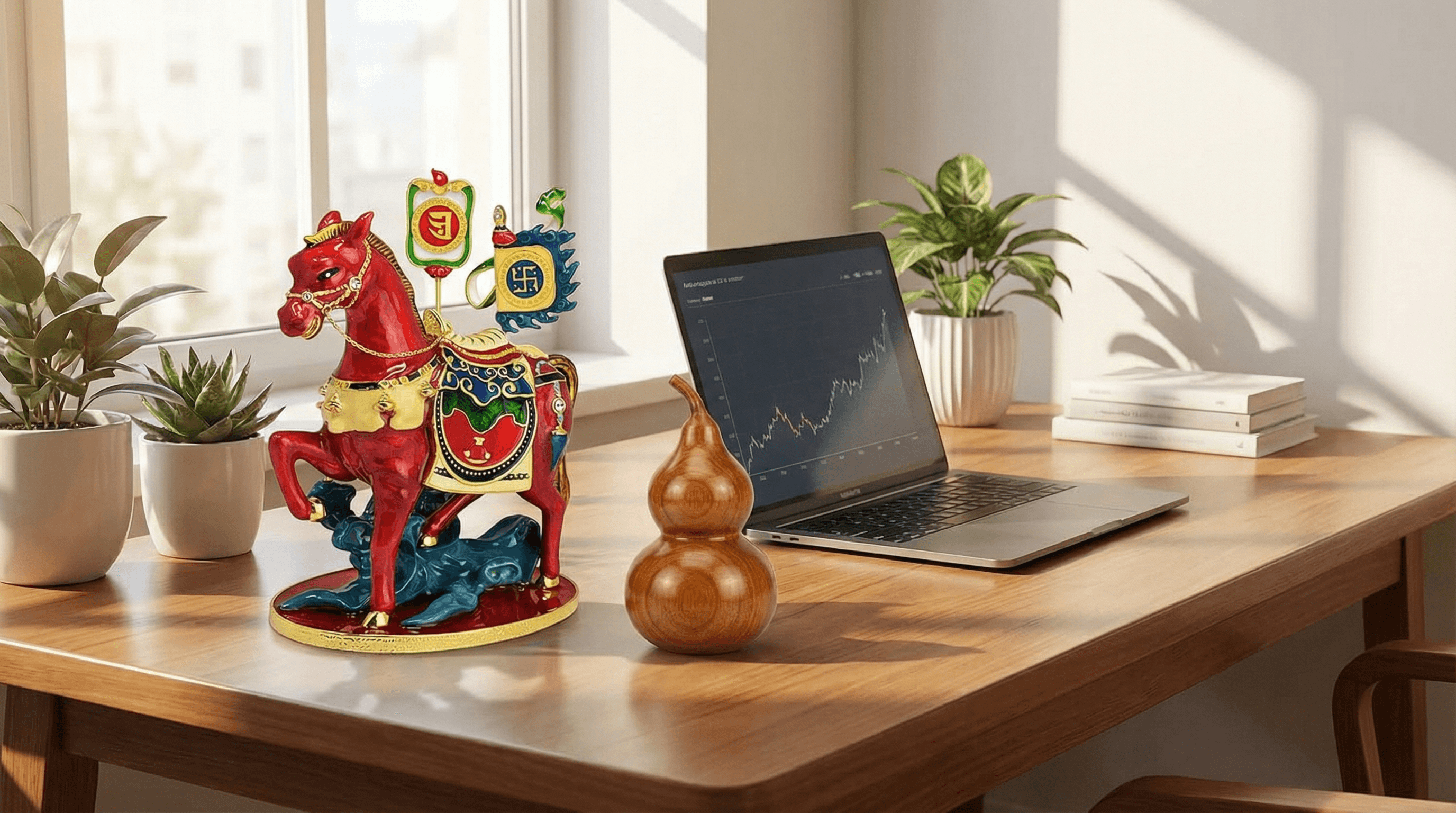 A Victory Horse statue and Feng Shui amulets on a desk to attract prosperity and career success for the Horse zodiac.