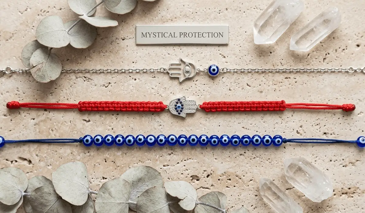 Flat lay comparison of a red string Hamsa bracelet, an Evil Eye bead bracelet, and a silver Hamsa bracelet on a stone surface.