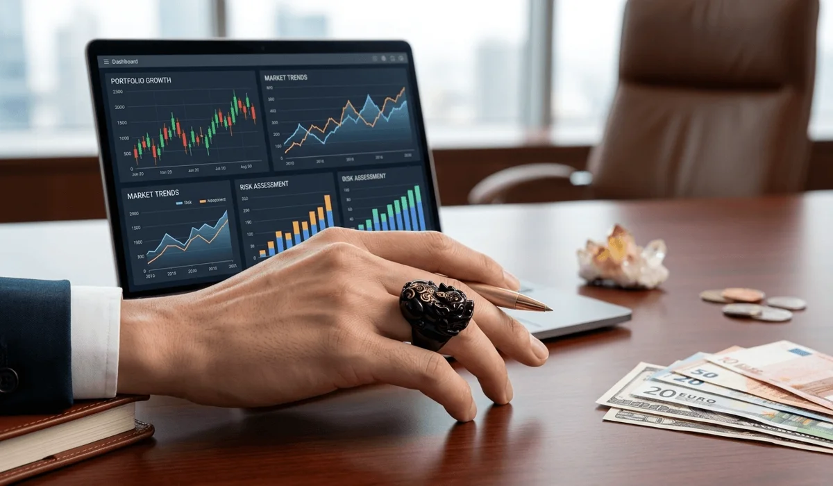 A professional wearing a black obsidian Pixiu ring in an office setting, demonstrating the correct head orientation for attracting career success.